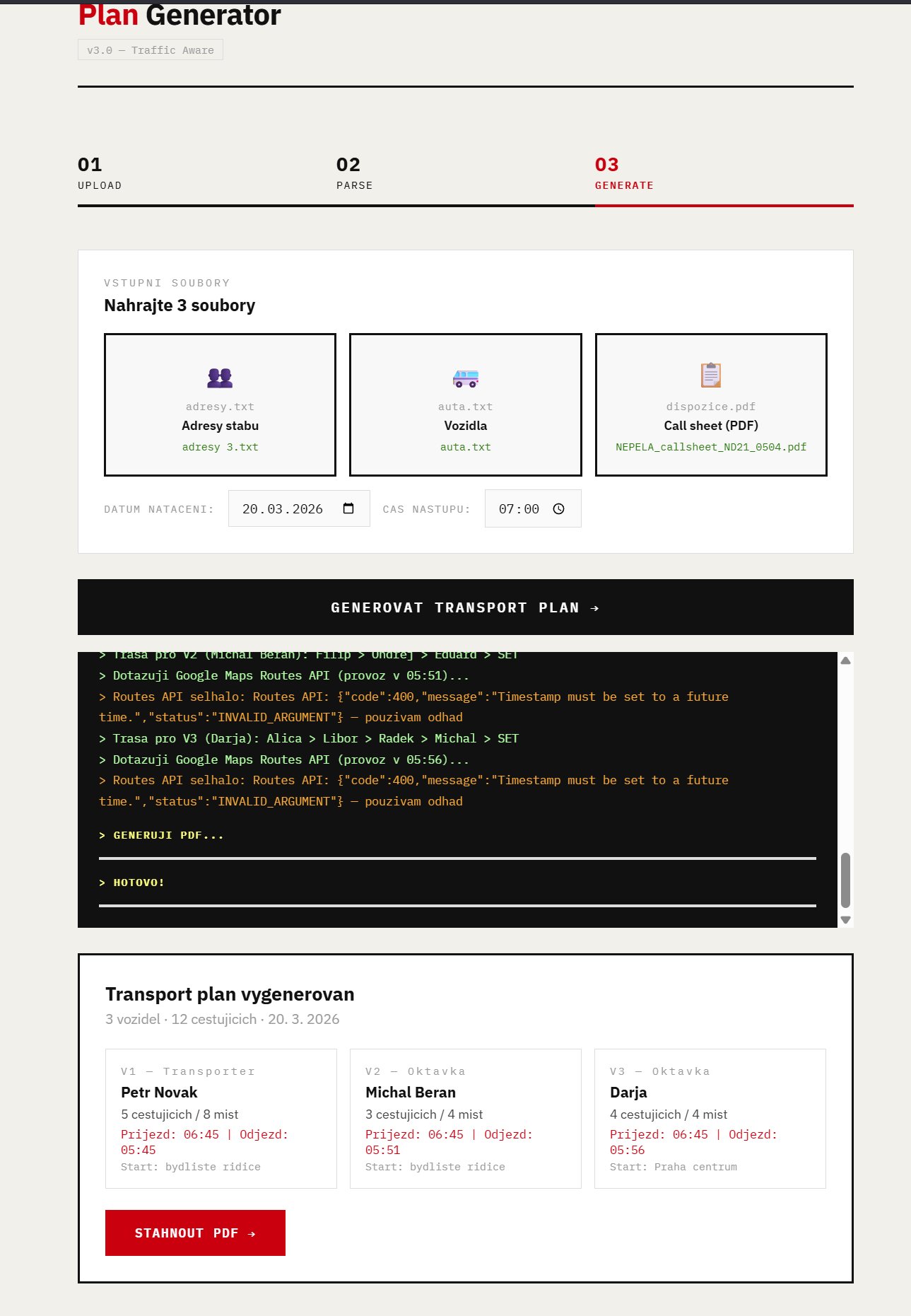 Plan Generator interface — 3-step upload/parse/generate flow with live console output and per-vehicle transport plan cards
